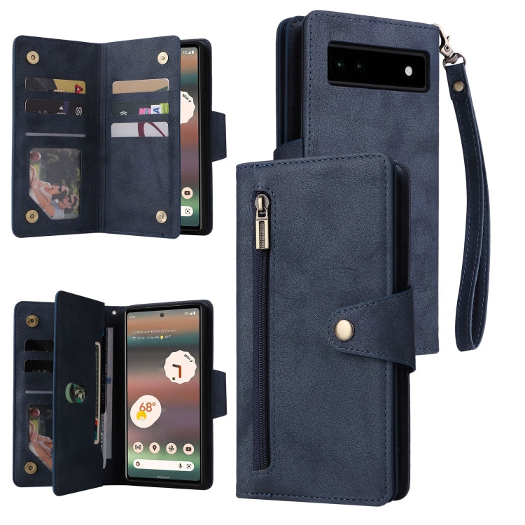 For Google Pixel 6a Rivet Buckle 9 Cards Three Fold Leather Phone Case(Blue) - Google Cases by PMC TechLife | Online Shopping South Africa | PMC TechLife | Buy Now Pay Later Mobicred