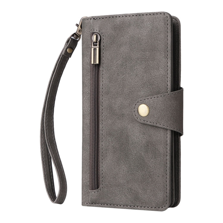 For Google Pixel 6a Rivet Buckle 9 Cards Three Fold Leather Phone Case(Grey) - Google Cases by PMC TechLife | Online Shopping South Africa | PMC TechLife | Buy Now Pay Later Mobicred