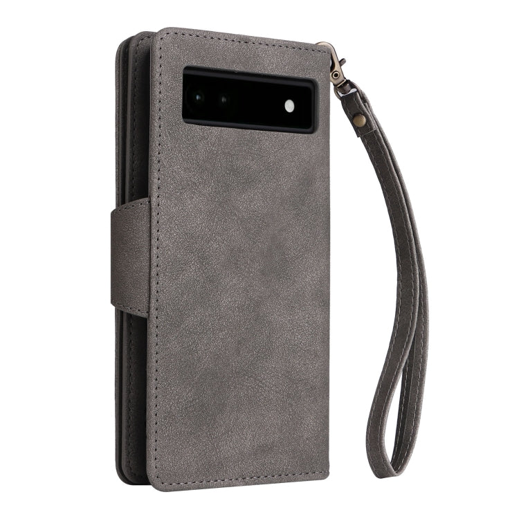 For Google Pixel 6a Rivet Buckle 9 Cards Three Fold Leather Phone Case(Grey) - Google Cases by PMC TechLife | Online Shopping South Africa | PMC TechLife | Buy Now Pay Later Mobicred