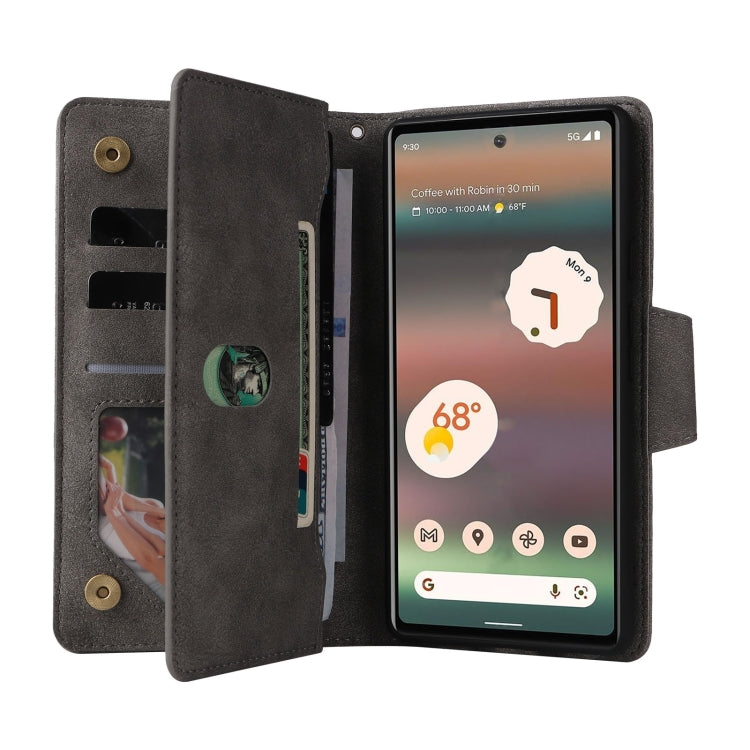 For Google Pixel 6a Rivet Buckle 9 Cards Three Fold Leather Phone Case(Grey) - Google Cases by PMC TechLife | Online Shopping South Africa | PMC TechLife | Buy Now Pay Later Mobicred