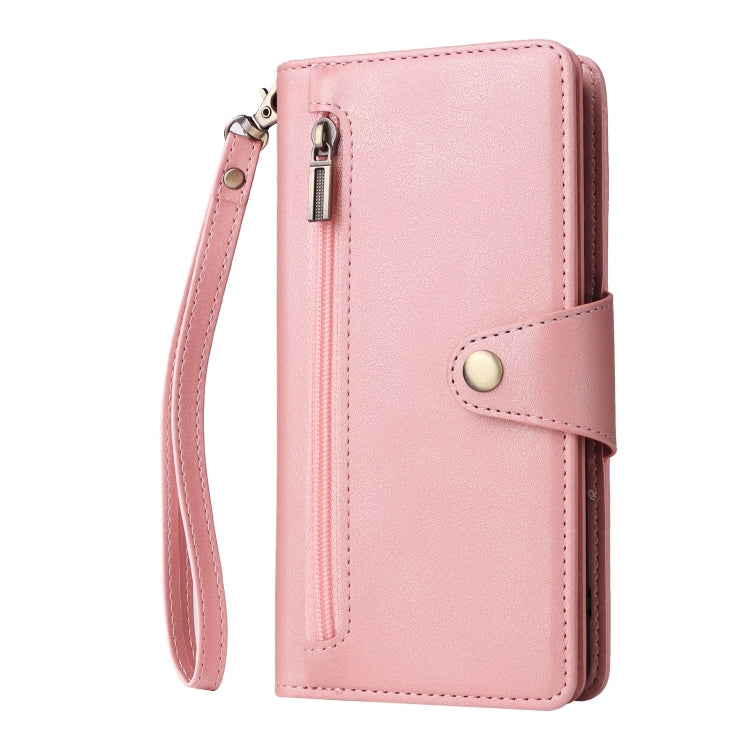For Google Pixel 6a Rivet Buckle 9 Cards Three Fold Leather Phone Case(Rose Gold)