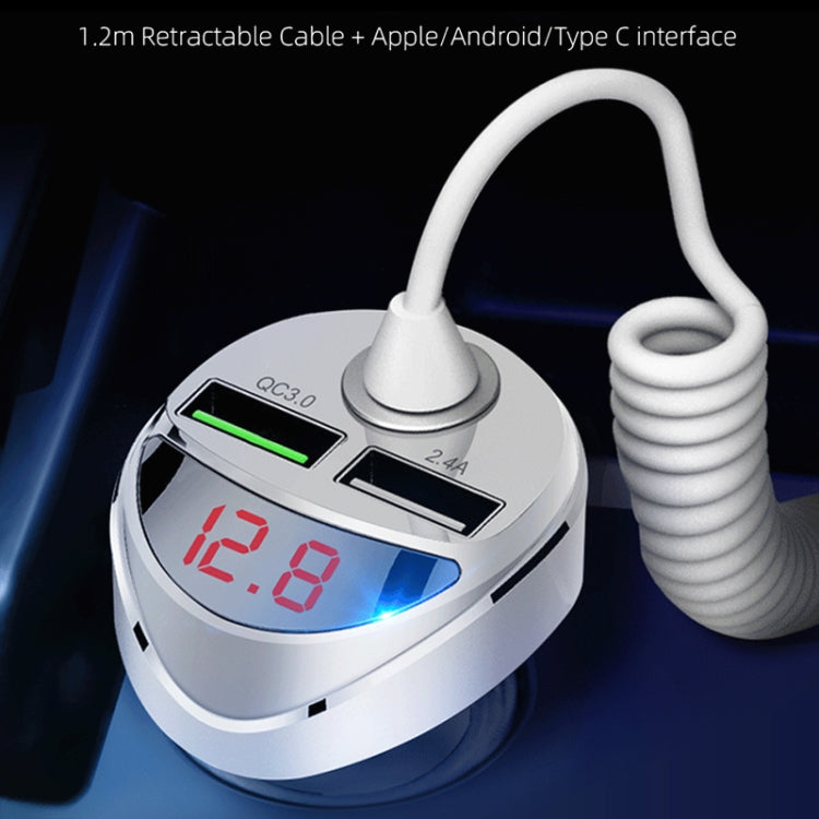 C68 LED Digital Display QC3.0 Fast Car Charger 3 in 1 with Spring Cable (Silver) - Car Charger by PMC TechLife | Online Shopping South Africa | PMC TechLife | Buy Now Pay Later Mobicred