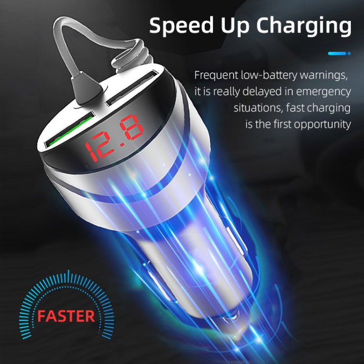 C68 LED Digital Display QC3.0 Fast Car Charger 3 in 1 with Spring Cable (Silver) - Car Charger by PMC TechLife | Online Shopping South Africa | PMC TechLife | Buy Now Pay Later Mobicred