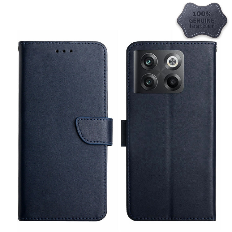 For OnePlus 10T / Ace Pro HT02 Genuine Leather Fingerprint-proof Flip Phone Case(Blue) - OnePlus Cases by PMC TechLife | Online Shopping South Africa | PMC TechLife | Buy Now Pay Later Mobicred