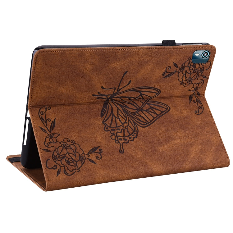 For Nokia T10 Butterfly Flower Embossed Leather Tablet Case(Brown) - Nokia by PMC TechLife | Online Shopping South Africa | PMC TechLife | Buy Now Pay Later Mobicred