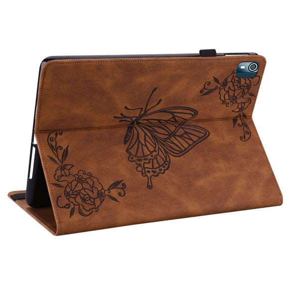 For Nokia T10 Butterfly Flower Embossed Leather Tablet Case(Brown)