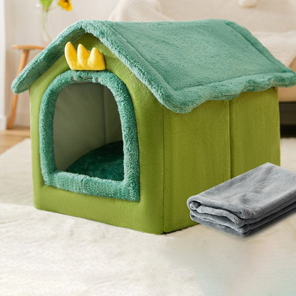 House Type Universal Removable and Washable Pet Dog Cat Bed Pet Supplies, Size:S(Green Dinosaur + Blanket)