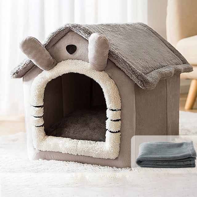 House Type Universal Removable and Washable Pet Dog Cat Bed Pet Supplies, Size:M(Gray Cat + Blanket)