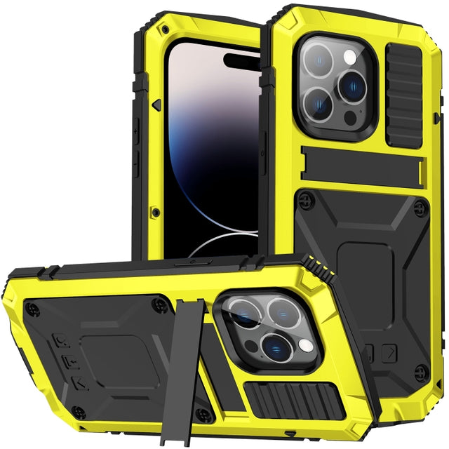 For iPhone 14 Pro Max R-JUST Shockproof Water-resistant Dust-proof Case with Holder (Yellow)