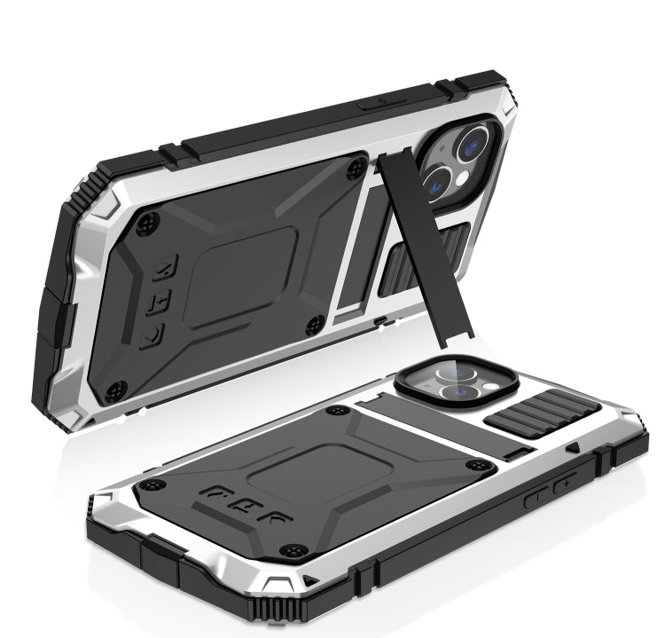 For iPhone 14 Plus R-JUST Shockproof Water-resistant Dust-proof Case with Holder (Silver)