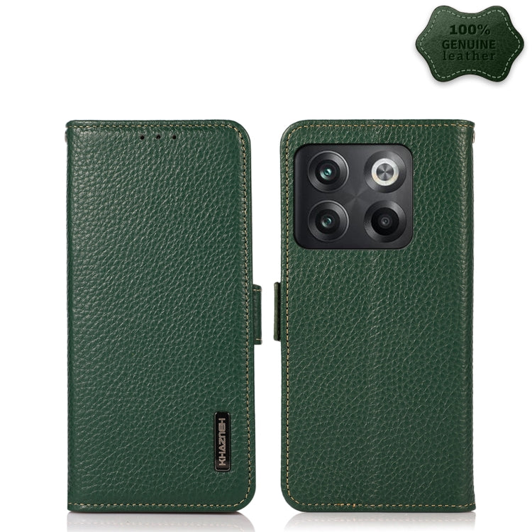 For OnePlus 10T/Ace Pro KHAZNEH Side-Magnetic Litchi Genuine Leather RFID Phone Case(Green) - OnePlus Cases by PMC TechLife | Online Shopping South Africa | PMC TechLife | Buy Now Pay Later Mobicred
