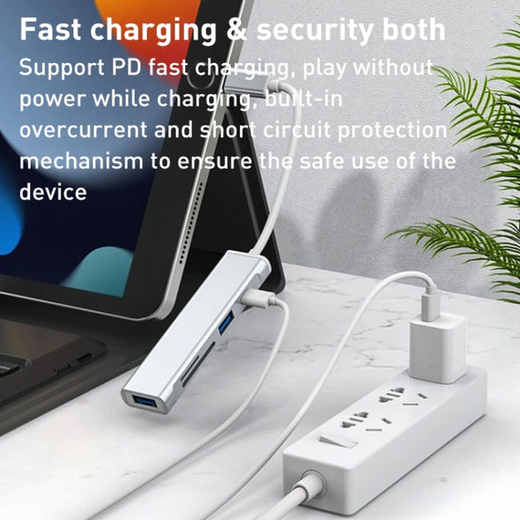 5 in 1 USB to SD / TF Card Slot + 3 USB Ports Multifunctional Docking Station HUB(Grey)