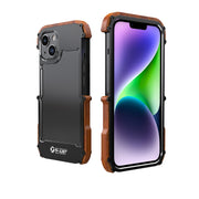 For iPhone 14 R-JUST Ironwood Generation Metal + Wood Phone Case