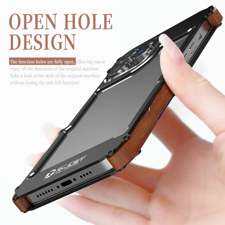 For iPhone 14 R-JUST Ironwood Generation Metal + Wood Phone Case