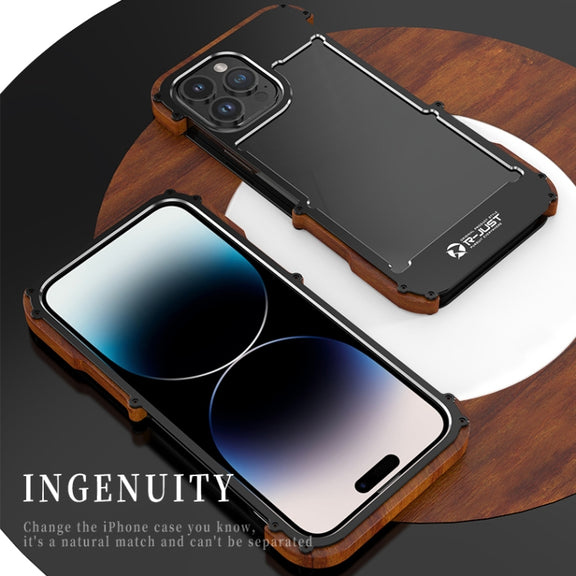 For iPhone 14 Plus R-JUST Ironwood Generation Metal + Wood Phone Case