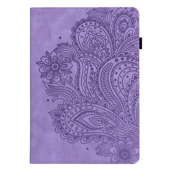 For Amazon Kindle Fire 7 2022 Peacock Embossed Pattern Leather Tablet Case(Purple)
