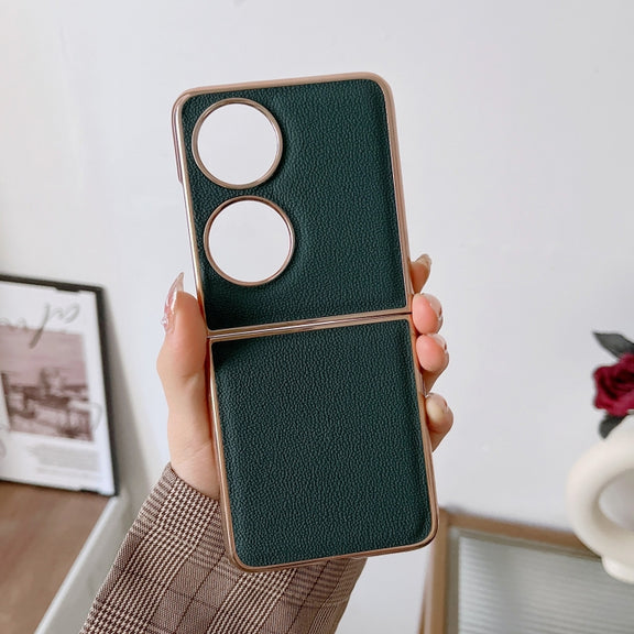 For Huawei P50 Pocket Genuine Leather Luolai Series Nano Plating Phone Case(Dark Green)