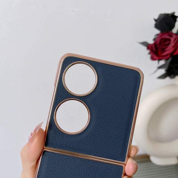 For Huawei P50 Pocket Genuine Leather Luolai Series Nano Plating Phone Case(Dark Blue)