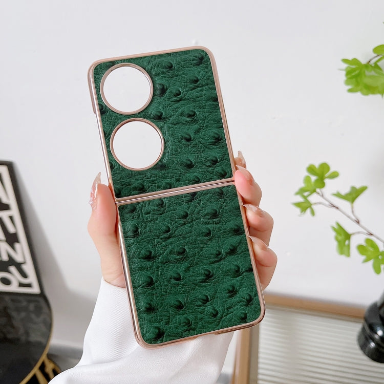 For Huawei P50 Pocket Genuine Leather Ostrich Texture Nano Plating Phone Case(Green) - Huawei Cases by PMC TechLife | Online Shopping South Africa | PMC TechLife | Buy Now Pay Later Mobicred
