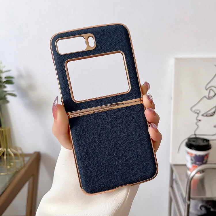 For Motorola Moto Razr 2022 Genuine Leather Luolai Series Nano Plating Phone Case(Dark Blue) - Motorola Cases by PMC TechLife | Online Shopping South Africa | PMC TechLife | Buy Now Pay Later Mobicred