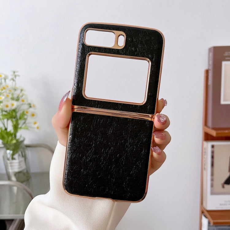 For Motorola Moto Razr 2022 Genuine Leather Ostrich Texture Nano Plating Phone Case(Black) - free shipping - PMC TechLife - Order now!