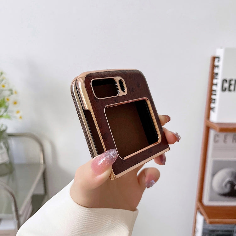 For Motorola Moto Razr 2022 Genuine Leather Ostrich Texture Nano Plating Phone Case(Coffee) - Motorola Cases by PMC TechLife | Online Shopping South Africa | PMC TechLife | Buy Now Pay Later Mobicred