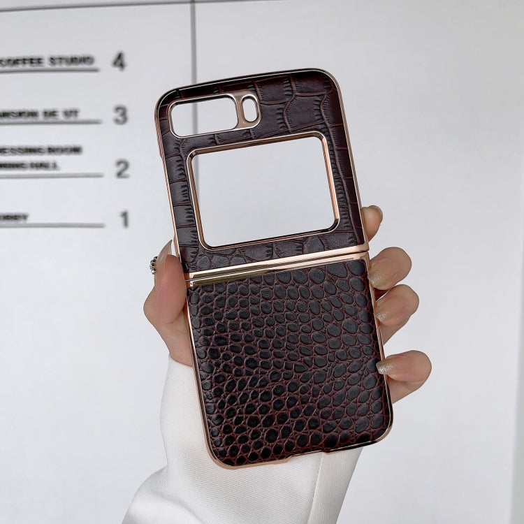 For Motorola Moto Razr 2022 Crocodile Texture Genuine Leather Nano Electroplating Phone Case(Coffee) - Motorola Cases by PMC TechLife | Online Shopping South Africa | PMC TechLife | Buy Now Pay Later Mobicred