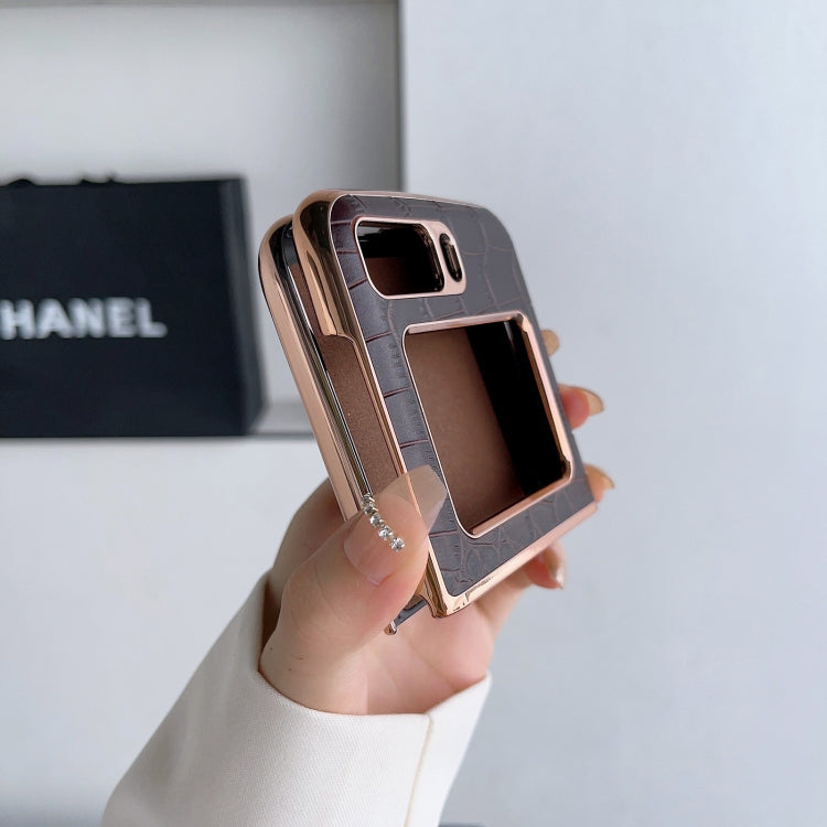 For Motorola Moto Razr 2022 Crocodile Texture Genuine Leather Nano Electroplating Phone Case(Coffee) - Motorola Cases by PMC TechLife | Online Shopping South Africa | PMC TechLife | Buy Now Pay Later Mobicred