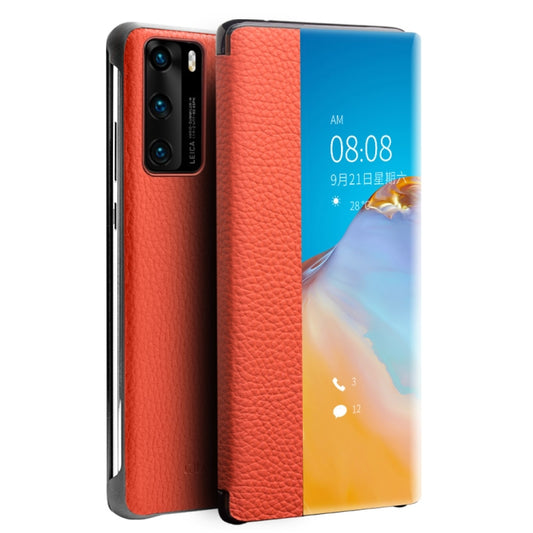 For Huawei P40 Pro QIALINO Litchi Texture Side Window View Leather Phone Case(Orange) - Huawei Cases by QIALINO | Online Shopping South Africa | PMC Jewellery | Buy Now Pay Later Mobicred