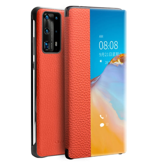 For Huawei P40 QIALINO Litchi Texture Side Window View Leather Phone Case(Orange) - free shipping - PMC Jewellery - Order now!