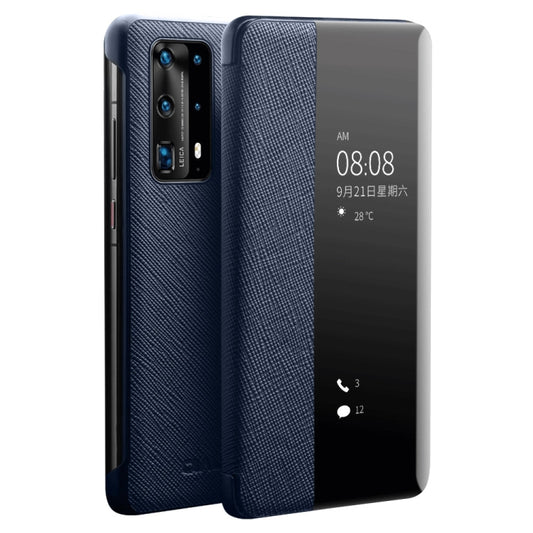 For Huawei P40 Pro QIALINO Puda Texture Side Window View Leather Phone Case(Blue) - free shipping - PMC Jewellery - Order now!