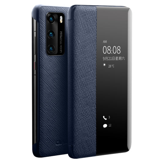 For Huawei P40 QIALINO Puda Texture Side Window View Leather Phone Case(Blue) - free shipping - PMC Jewellery - Order now!