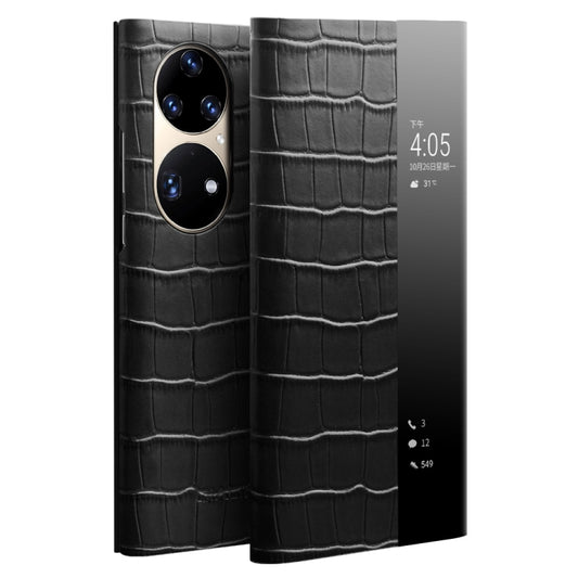 For Huawei P50 QIALINO Crocodile Pattern Side Window View Genuine Leather Phone Case(Black) - free shipping - PMC Jewellery - Order now!