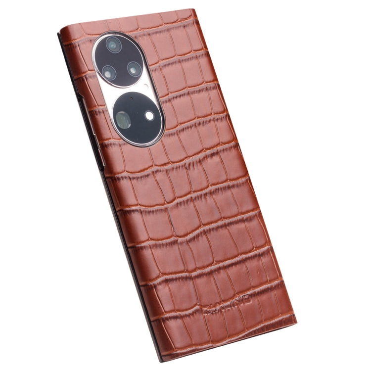 For Huawei P50 QIALINO Crocodile Pattern Side Window View Genuine Leather Phone Case(Brown) - free shipping - PMC TechLife - Order now!