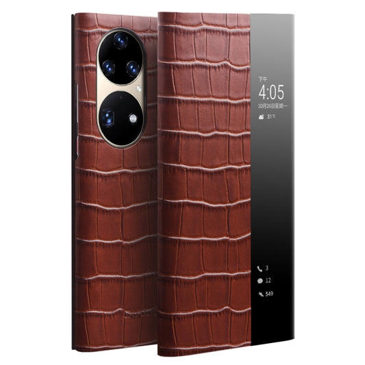 For Huawei P50 Pro QIALINO Crocodile Pattern Side Window View Genuine Leather Phone Case(Brown) - free shipping - PMC Jewellery - Order now!