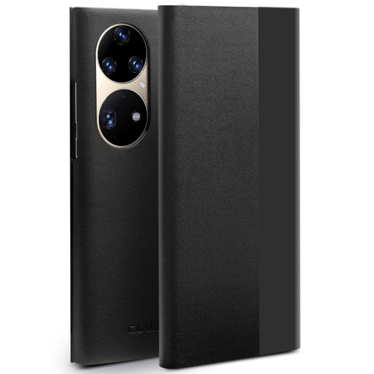 For Huawei P50 Pro QIALINO Magnetic Side Window View Genuine Leather Smart Phone Case(Black) - free shipping - PMC Jewellery - Order now!
