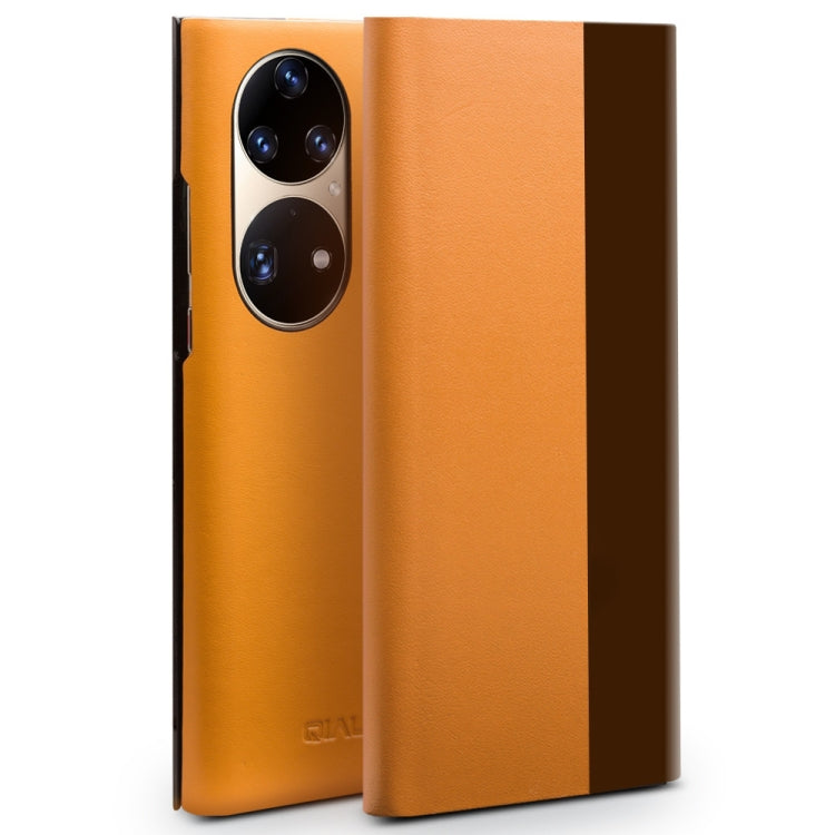 For Huawei P50 Pro QIALINO Magnetic Side Window View Genuine Leather Smart Phone Case(Orange) - free shipping - PMC TechLife - Order now!