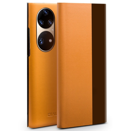 For Huawei P50 Pro QIALINO Magnetic Side Window View Genuine Leather Smart Phone Case(Orange) - free shipping - PMC Jewellery - Order now!