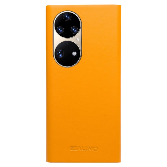 For Huawei P50 Pro QIALINO Magnetic Side Window View Genuine Leather Smart Phone Case(Orange)