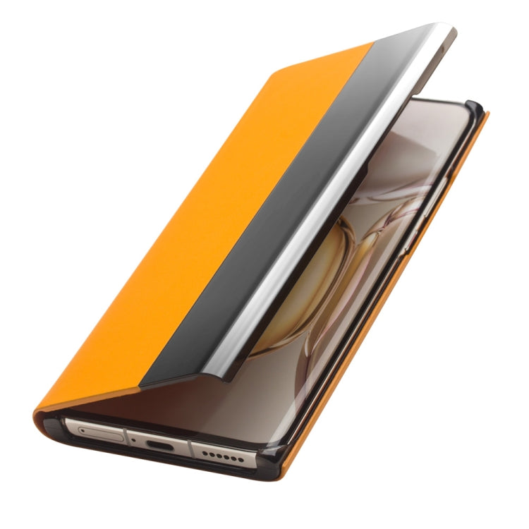 For Huawei P50 Pro QIALINO Magnetic Side Window View Genuine Leather Smart Phone Case(Orange)