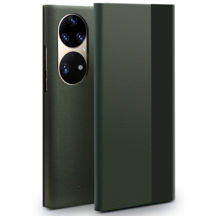 For Huawei P50 Pro QIALINO Magnetic Side Window View Genuine Leather Smart Phone Case(Green) - Huawei Cases by QIALINO | Online Shopping South Africa | PMC TechLife | Buy Now Pay Later Mobicred