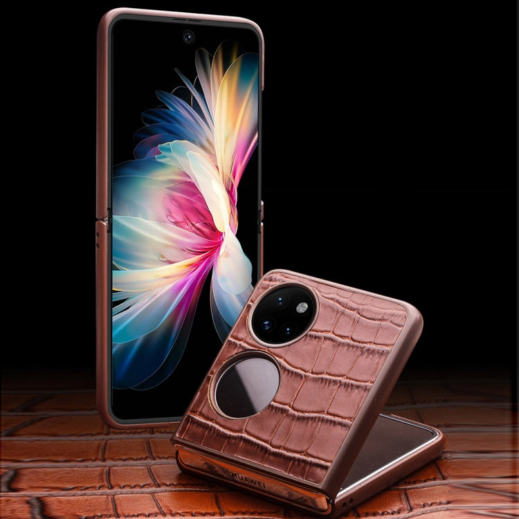 For Huawei P50 Pocket QIALINO Crocodile Pattern Genuine Leather Phone Case(Brown)