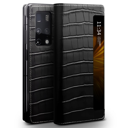 For Huawei Mate X2 QIALINO Crocodile Pattern Side Window View Genuine Leather Phone Case(Black) - free shipping - PMC Jewellery - Order now!