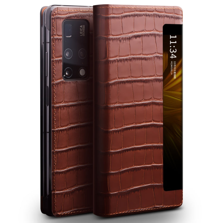 For Huawei Mate X2 QIALINO Crocodile Pattern Side Window View Genuine Leather Phone Case(Brown) - free shipping - PMC Jewellery - Order now!