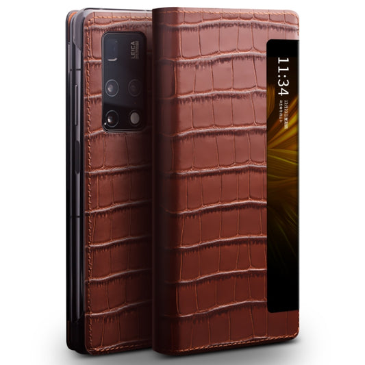 For Huawei Mate X2 QIALINO Crocodile Pattern Side Window View Genuine Leather Phone Case(Brown) - free shipping - PMC Jewellery - Order now!