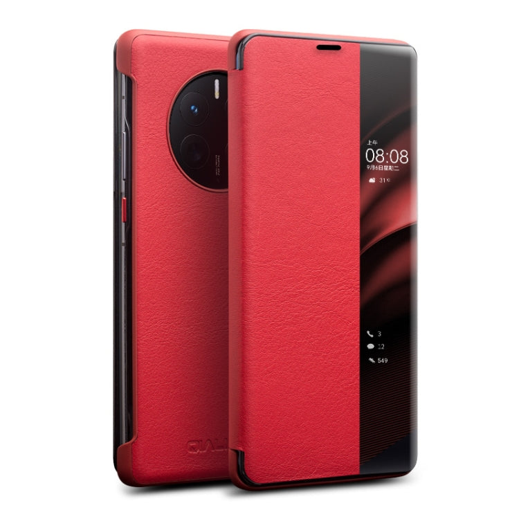For Huawei Mate 50 Pro QIALINO Genuine Leather Side Window View Smart Phone Case(Red) - free shipping - PMC TechLife - Order now!