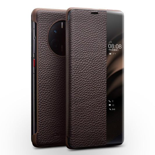 For Huawei Mate 50 Pro QIALINO Genuine Leather Side Window View Smart Phone Case(Brown) - Huawei Cases by QIALINO | Online Shopping South Africa | PMC Jewellery | Buy Now Pay Later Mobicred
