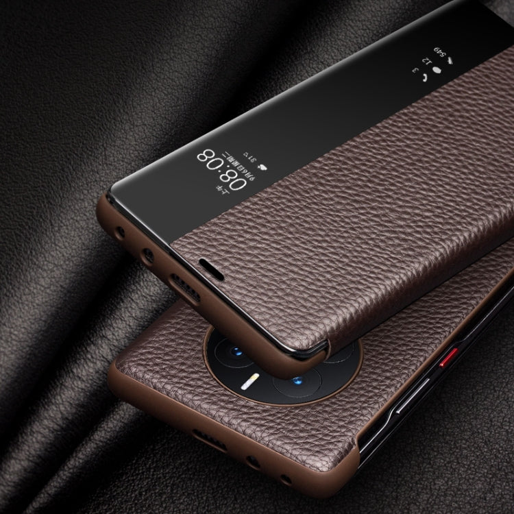 For Huawei Mate 50 Pro QIALINO Genuine Leather Side Window View Smart Phone Case(Brown) - Huawei Cases by QIALINO | Online Shopping South Africa | PMC TechLife | Buy Now Pay Later Mobicred