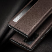 For Huawei Mate X2 QIALINO Genuine Leather Side Window View Smart Phone Case(Brown)