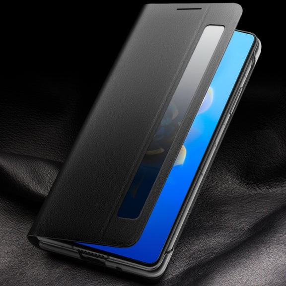 For Huawei Mate X2 QIALINO Genuine Leather Side Window View Smart Phone Case(Black)